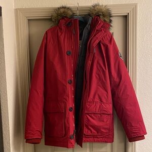 Abercrombie & Fitch Red Puffer Jacket with Fur Hood